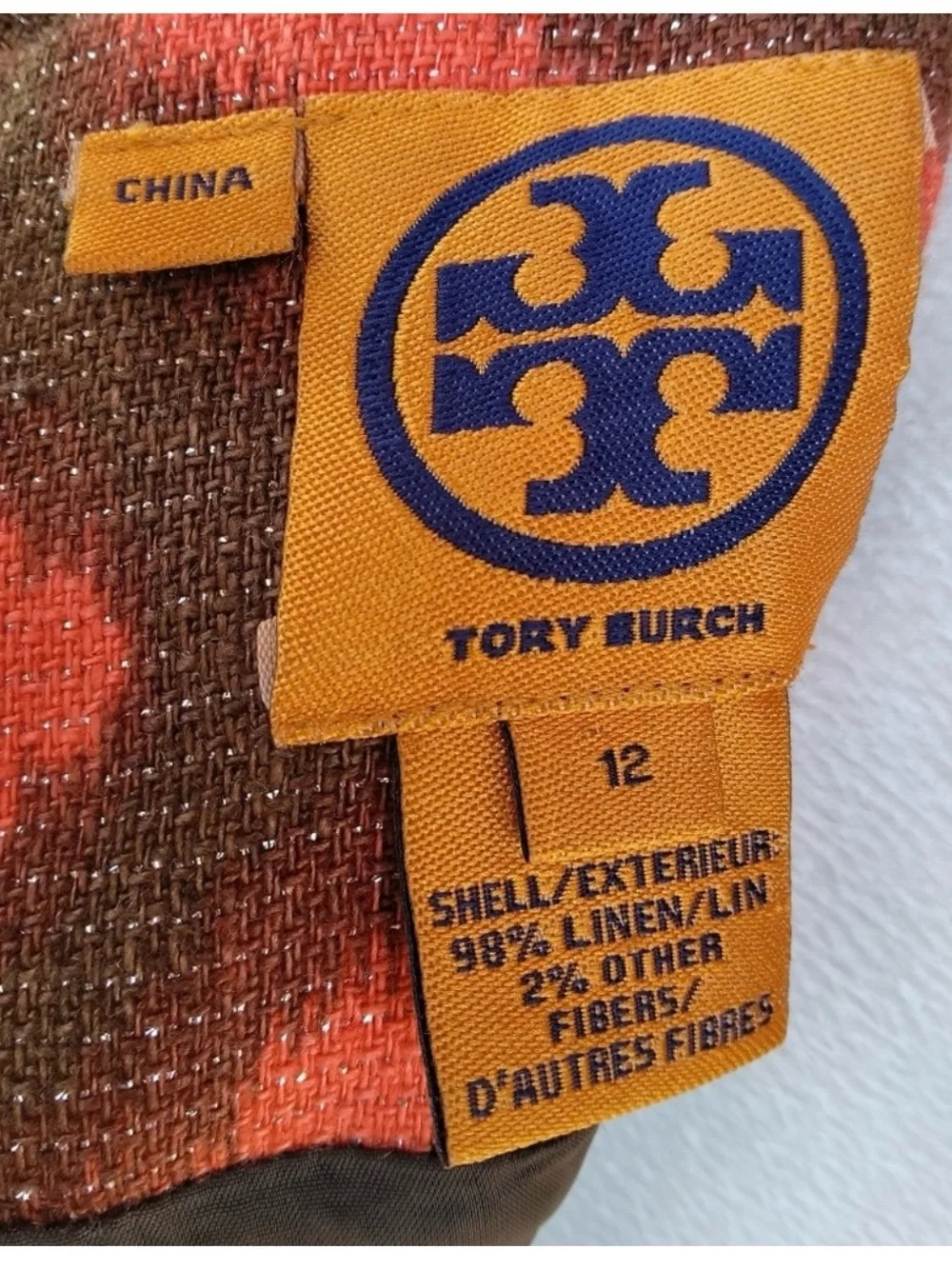 Tory Burch Joanna Linen Blend Shift Dress Orange Brown Ikat